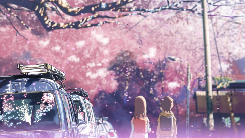 two students facing a street pink with cherry blossomsalr