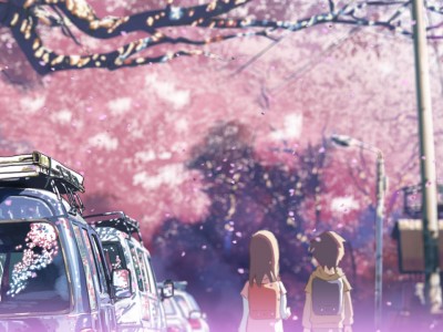 two students facing street pink with cherry blossoms