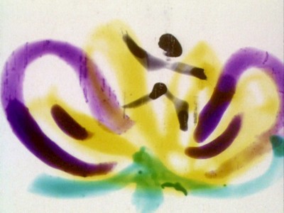 a frame of the hand-painted film of a flower shape in purple, yellow and green against white