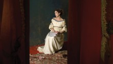 A painterly image of a woman in a 19th century tunic sitting with a script on her lap